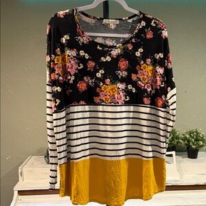 Floral and Striped Women's Blouse with Yellow Hem